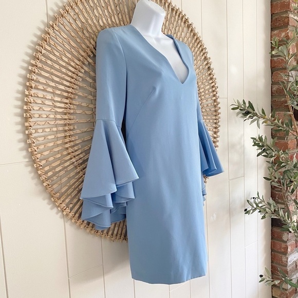 MILLY Nicole Dress in Steel Blue Ruffle Flare Bell Sleeve Size 2 - Picture 5 of 11